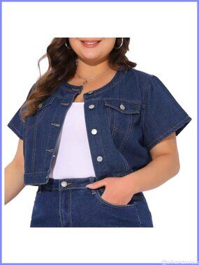 Plus Size Denim Vest Top Cropped Jean Jacket Crew Neck Button Down Women's